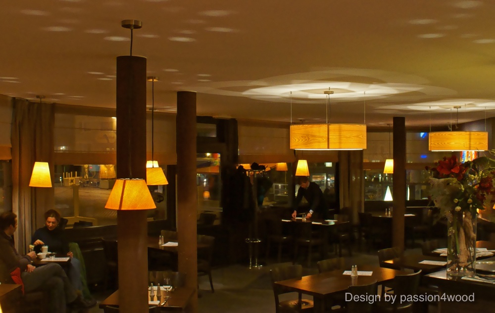 O-ring and small pendant lights in ash wood 2 - restaurant edgar